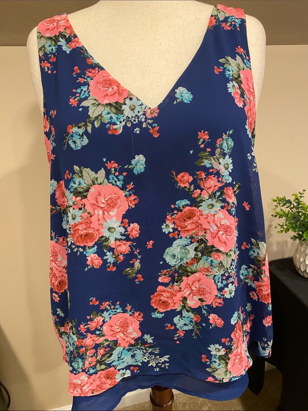 torrid Navy Floral V-Neck Camisole with Coral and Aqua Blooms